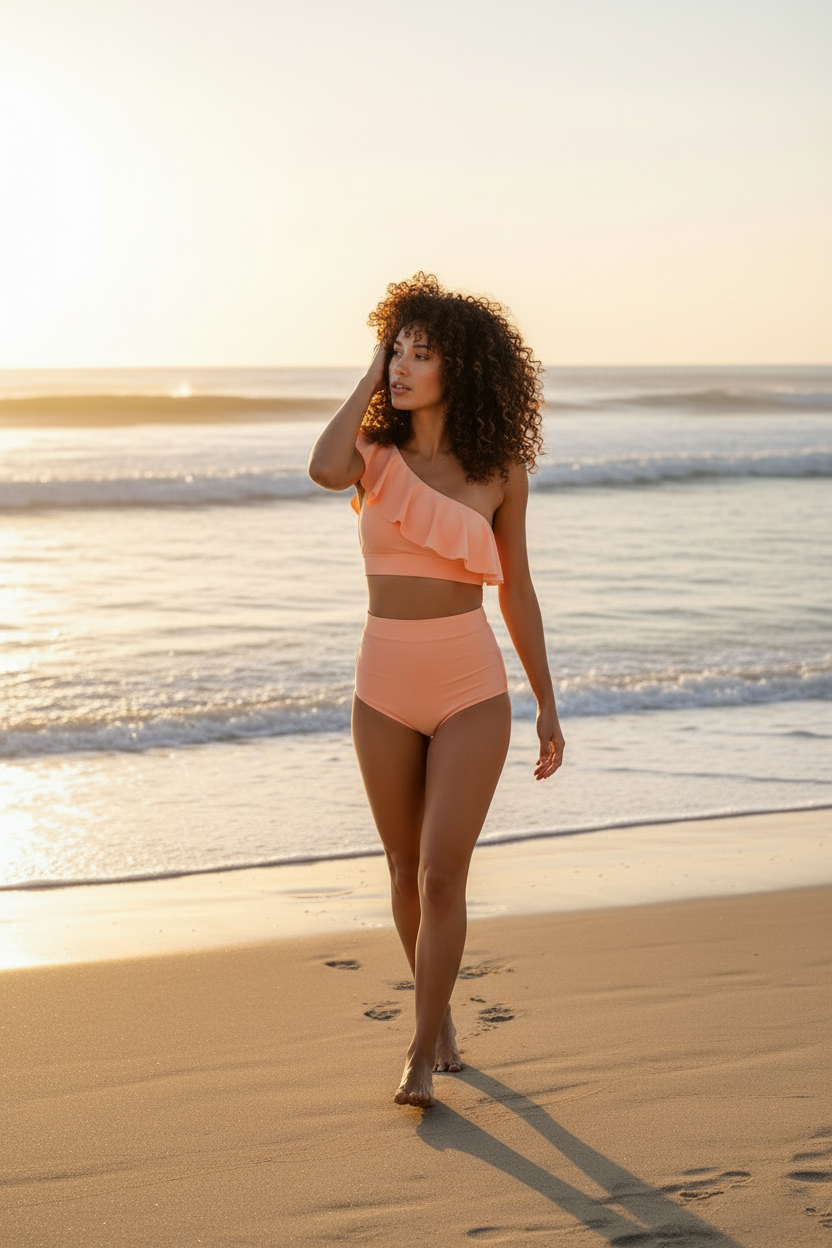Sun Blush Soleil Ruffle One Shoulder Bikini Top - New Pose