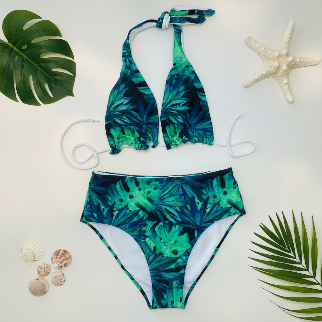 Tropical Bikini Flat Lay - White Background No Sunscreen